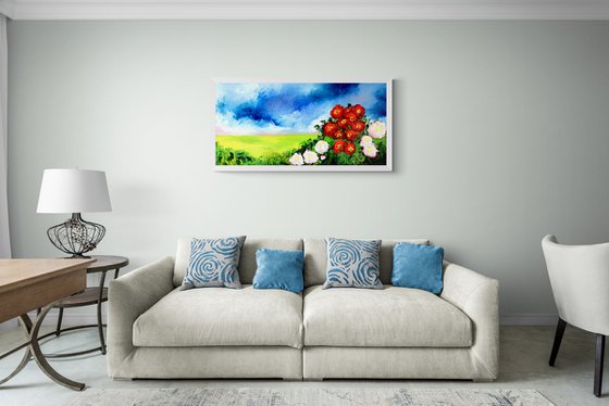 White and red camellia flowers. Original landscape oil painting on canvas.