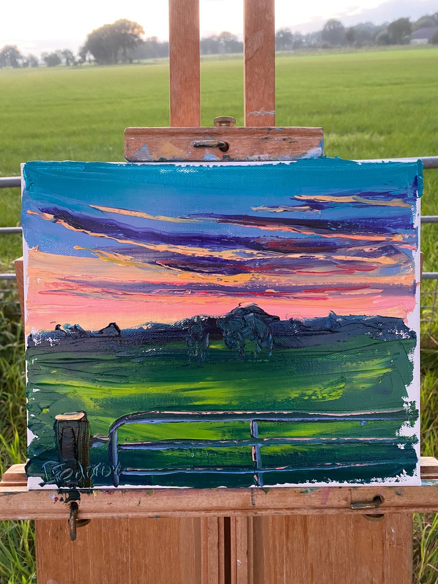 Impressionistic Landscape Oil Painting By Dmitry Fedorov, 12 X 10, Sunset At Meadow. Plein Air, Original Artwork