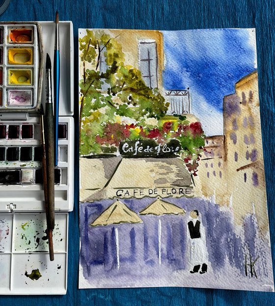 Paris Painting Cafe de Flore Original Art Cityscape Watercolor Europe Artwork Travelling Wall Art 9 by 12,5" by Halyna Kirichenko