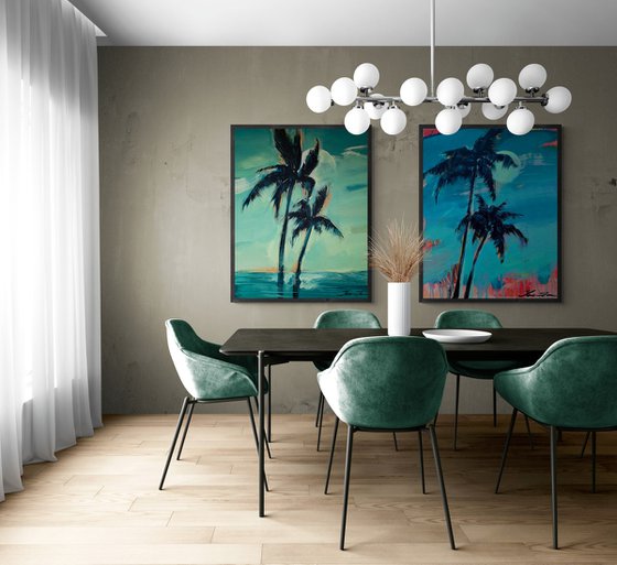 Big XXL painting - "Bright palms" - Pop Art - Palms and Sea - Night Seascape - Huge painting