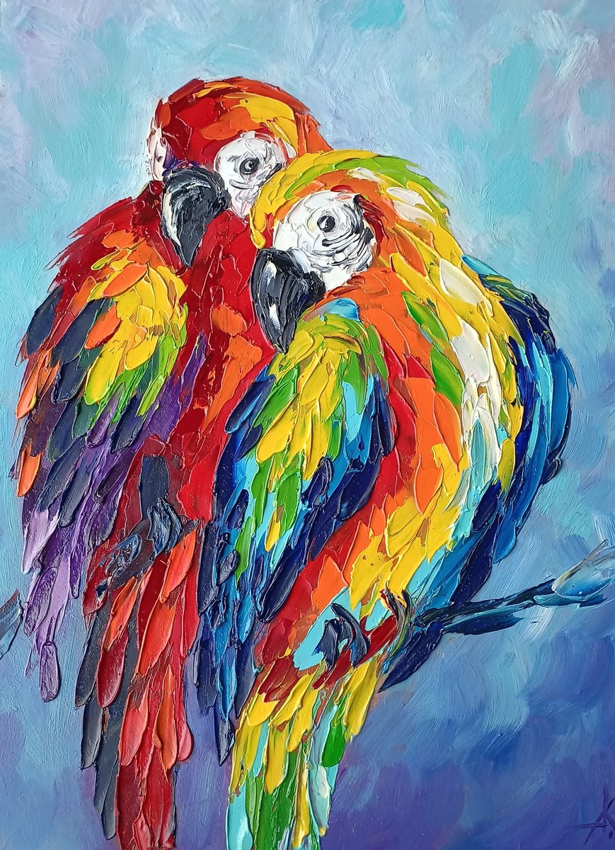 Impressionistic Animal Oil Painting By Anastasia Kozorez, 11 X 16, Parrots In Love, Original Artwork