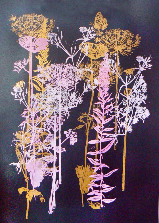 Flora and fauna on black Russian paper