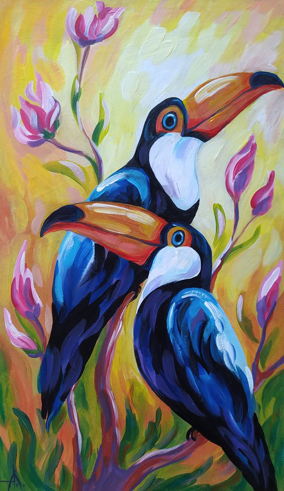 Toucans in love - toucan oil painting, love, flovers, toucan, animals, bird, birds oil painting, gift idea