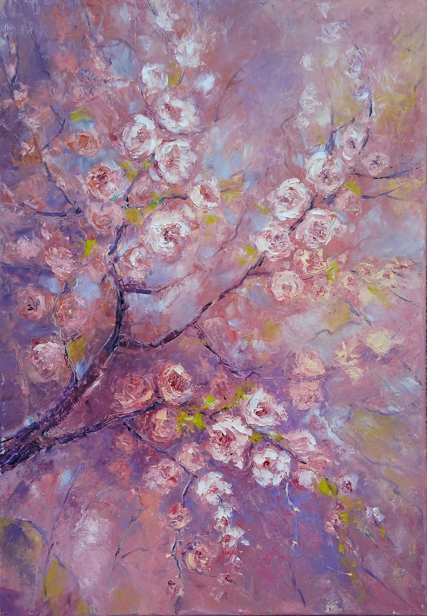 BLOOMING TIME, 70x100cm springtime branches in blossom oil floral painting by Emilia Milcheva