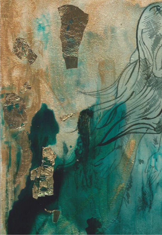 "Ritual", stunning original  mermaid painting, in teal and gold, with gold leaf, beautiful layered artwork, from the little mermaid collection