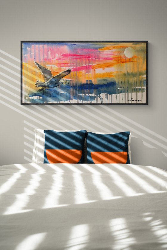 Bright horizontal painting - "Seagull in flight" - Pop Art - Bird - California - Miami - Sea - Ocean - Sunset