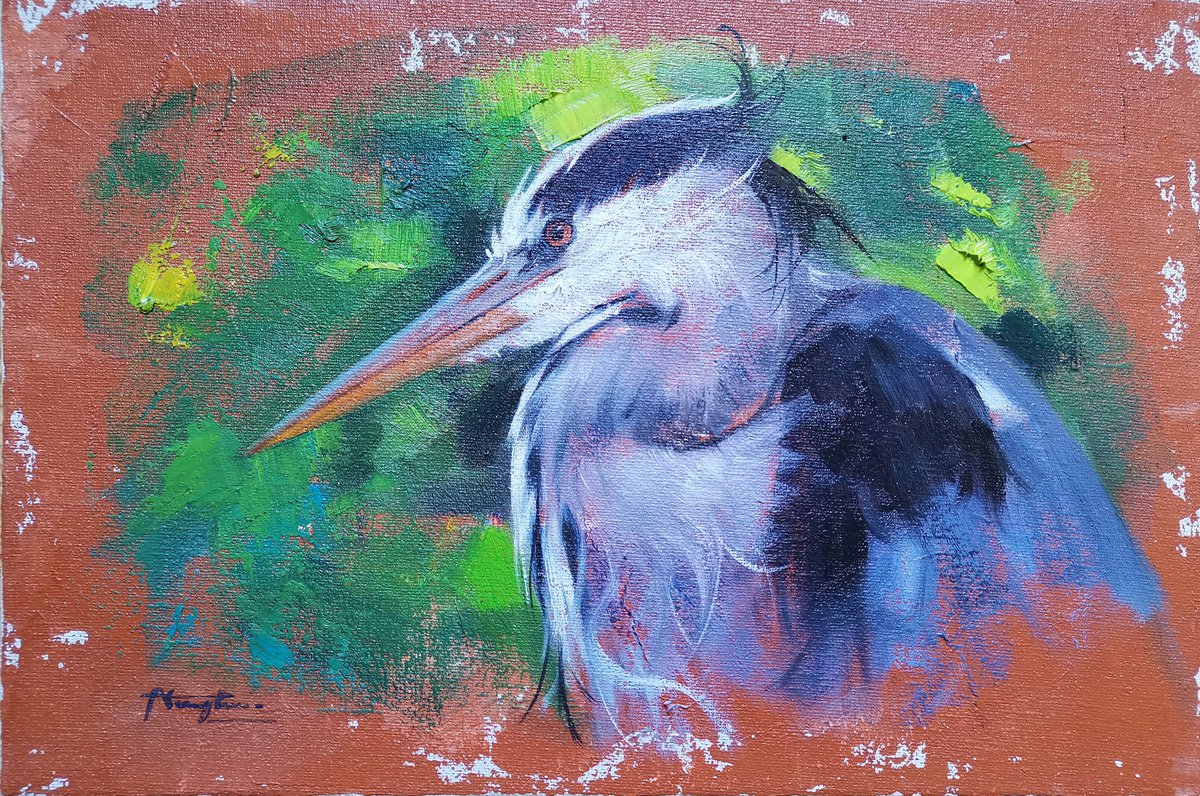 Impressionistic Animal Oil Painting By Hongtao Huang, 12 X 8, Heron #2543, Original Artwork