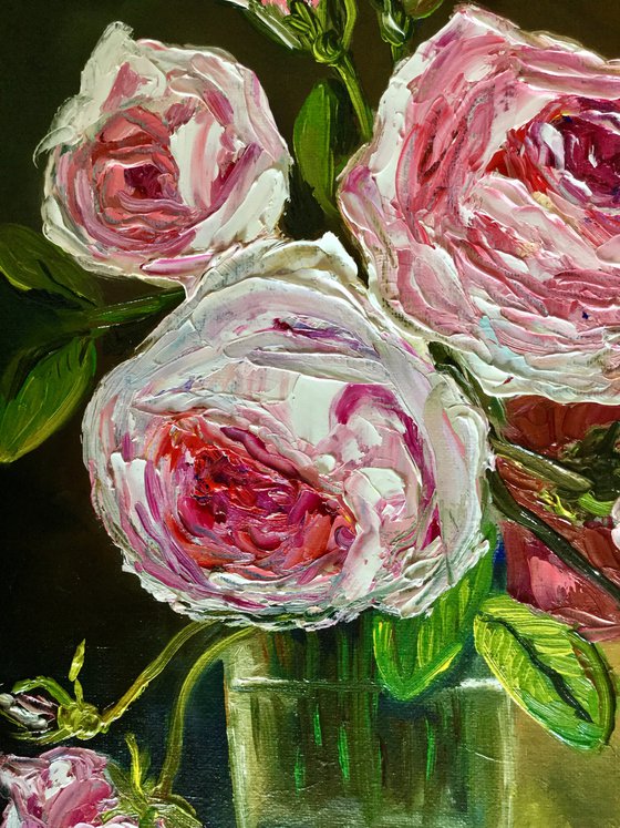 BOUQUET OF CORAL ROSES #4 palette knife modern red pink still life  flowers Dutch style office home decor gift
