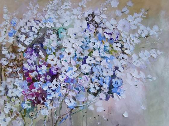 Tender flowers large abstract painting with a rich textured surface