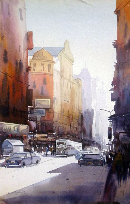 City at Morning-Watercolor on Paper by Samiran Sarkar