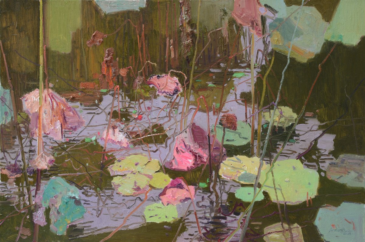 Impressionistic Landscape Oil Painting By Jianzhe Chon, 35 X 24, Waterlilies In Pond 200, Original Artwork