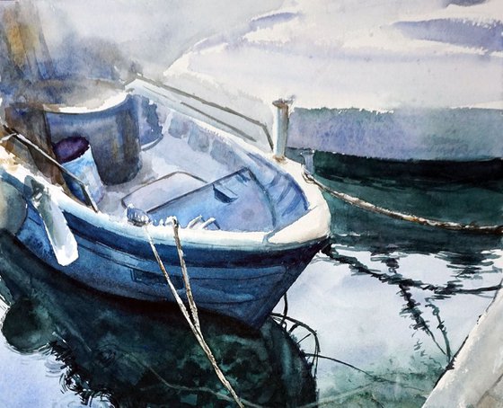 Watercolor Boat ORIGINAL Painting - Ship in Ocean (Sea) Artwork - Marine Art