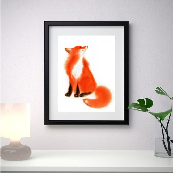 Red Fox - foxy - fox portrait - fox watercolor - fox looks upwards