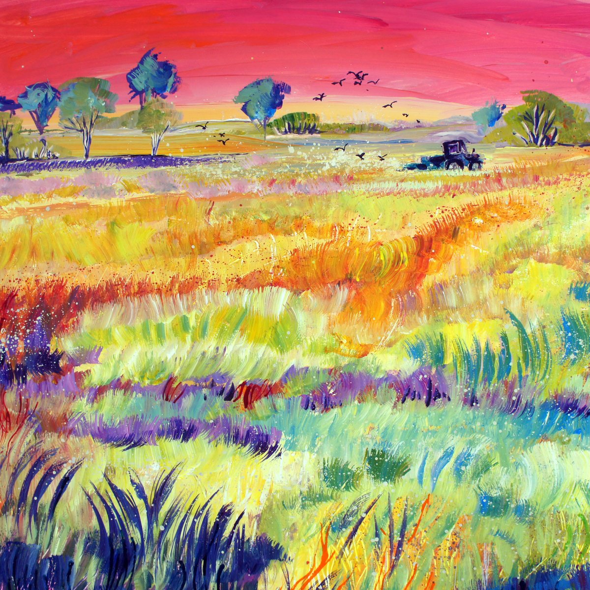 Impressionistic Landscape Acrylic Painting By Julia Rigby, 20 X 20", Make Hay, Original Artwork