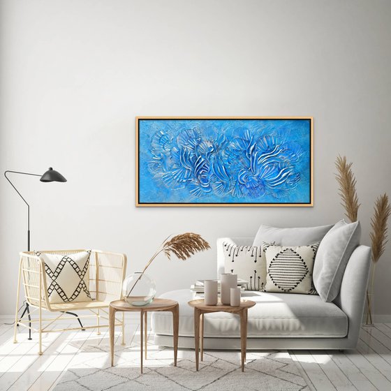 CARIBBEAN DREAM. Abstract Blue, Teal, Turquoise, Silver Textured 3D Art, Coastal Painting with Dimensions