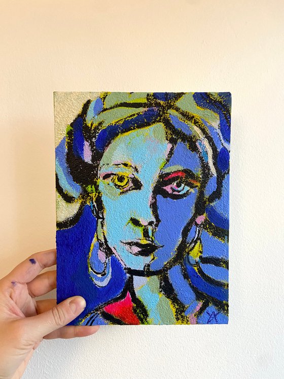 EVA - colourful pop art portrait, bright bold happy painting, small, great christmas gift for her