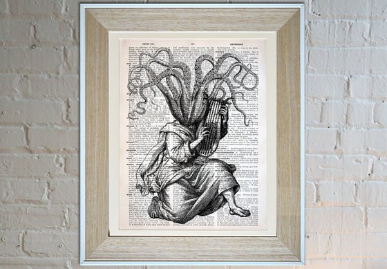 Octopus Musician - Collage Art Print on Large Real English Dictionary Vintage Book Page