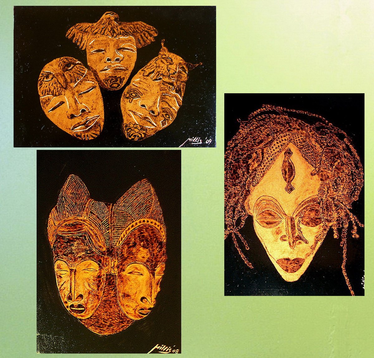 Urban And Pop Abstract Painting By Milis Pyrography, 30 X 12", It Began In Africa (Triptych), Original Artwork