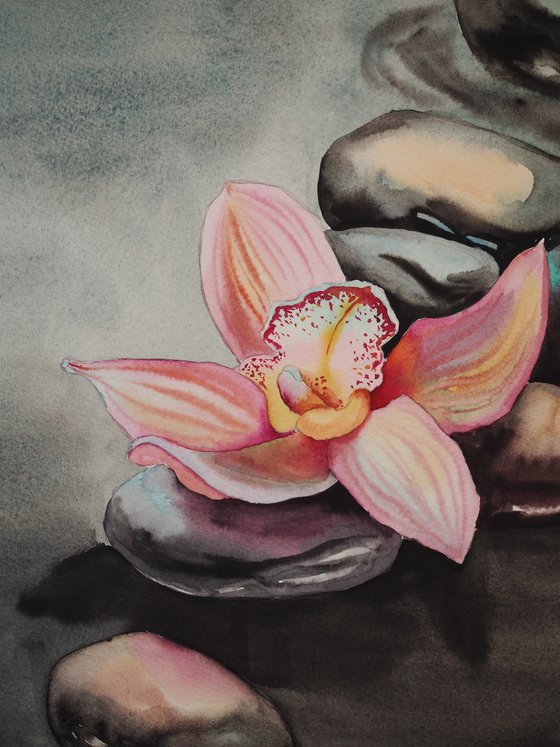 Diptych "Zen spa" - orchid and seastones - original watercolor grey, yellow and pink