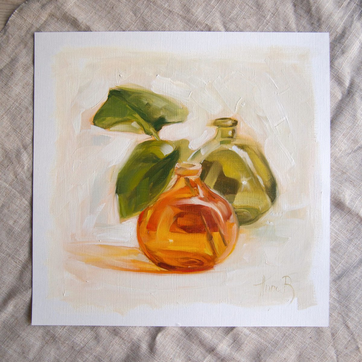Impressionistic Botanical Oil Painting By Anna Bernadskaya, 11 X 11, Two Leaves, Original Artwork