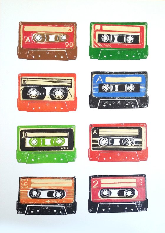 Linocut tapes #44 (cassette tapes, retro music, 70's, 80's rock culture)