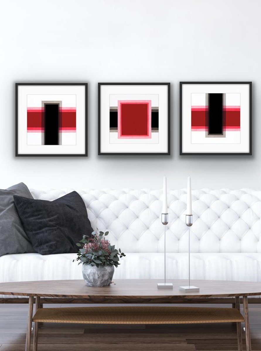 Geometric Abstract Acrylic Painting By Catia Goffinet, 47 X 16, Triptych Geometric Red, Original Artwork