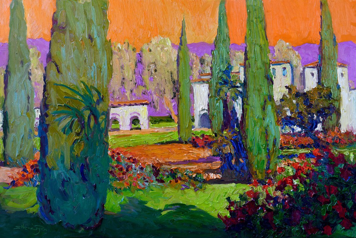 Expressive Oil Painting , Garden With Cypress Trees By Suren Nersisyan, 36 X 24, Artwork For Sale On Artfinder