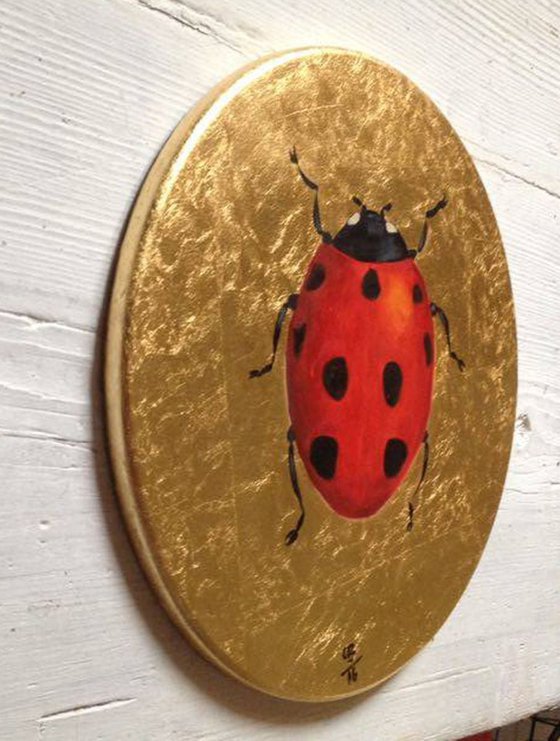 My Big Golden Ladybug n.2 Oil Painting on Oval Lacquered Golden Leaf Canvas Frame