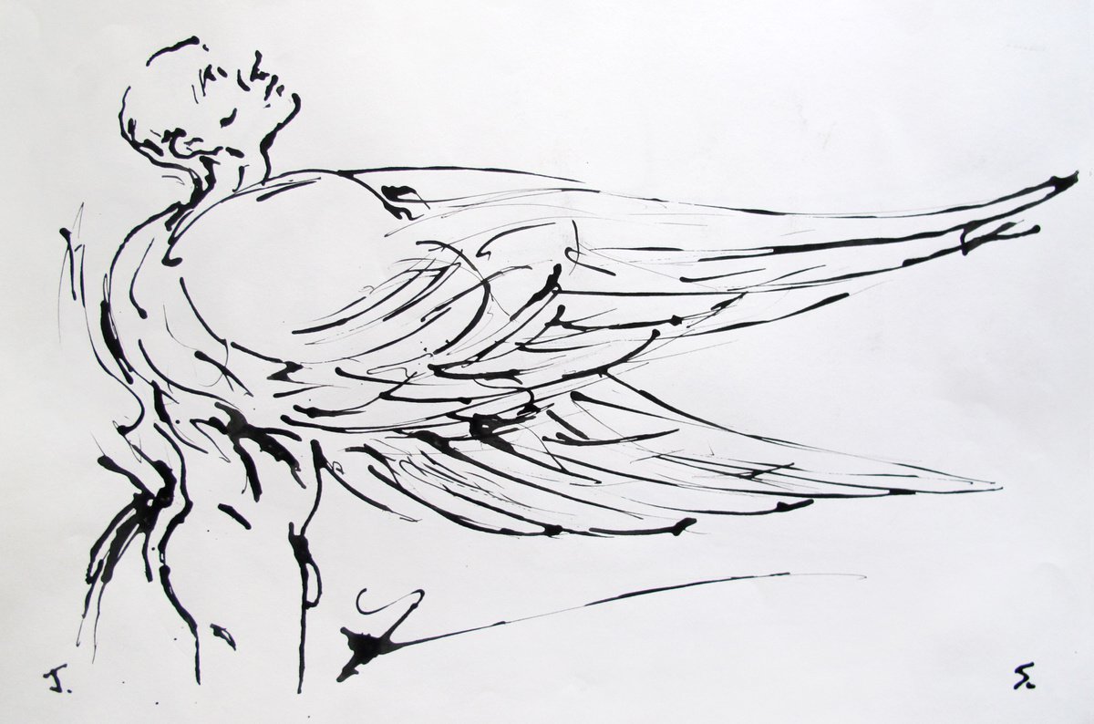 Surrealistic Portrait Ink Drawing By John Sharp, 23 X 16, Cloaked Angel2, Original Artwork