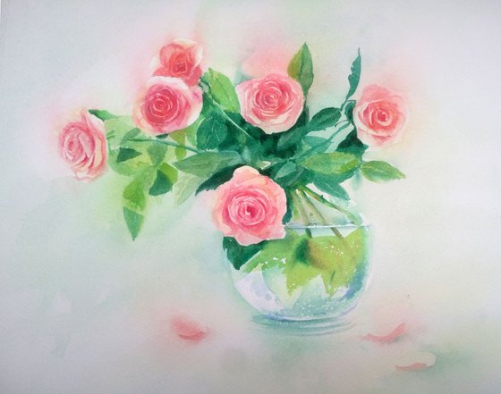 Bouquet of pink roses in a glass vase - watercolor roses - floral - garden - flowers - flower