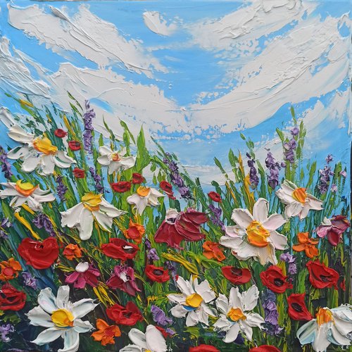 Impasto daisies and poppies at the meadow by Oksana Fedorova
