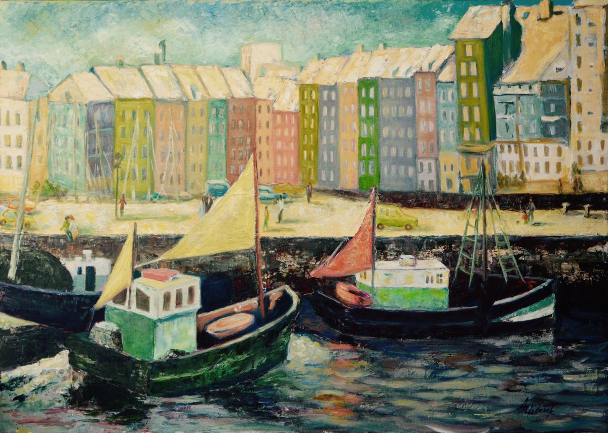 Naive Cityscapes Oil Painting By Albina Urbanek, 36 X 26, Small Harbor Of Happiness, Original Artwork