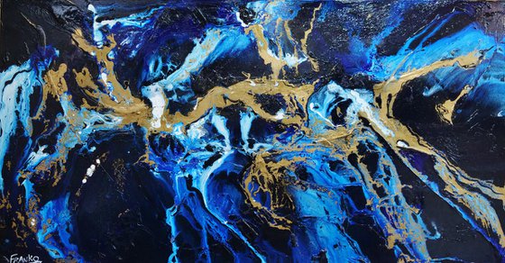 Midnight Gold Rush 190cm x 100cm Blue Gold Abstract Art