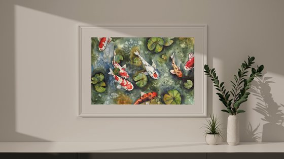 Koi fish and water lilies leaves