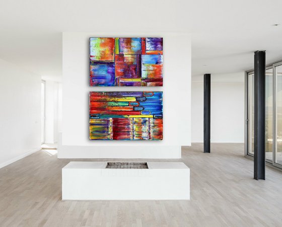 "Get It While It's Hot" - Save As A Series - Unique PMS Geometric Oil Painting Diptych On Canvas - 72" x 24"