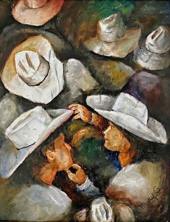 Thinking Hats Cowboy original oil painting on a gessoed  masonite 8x10 beautifully framed