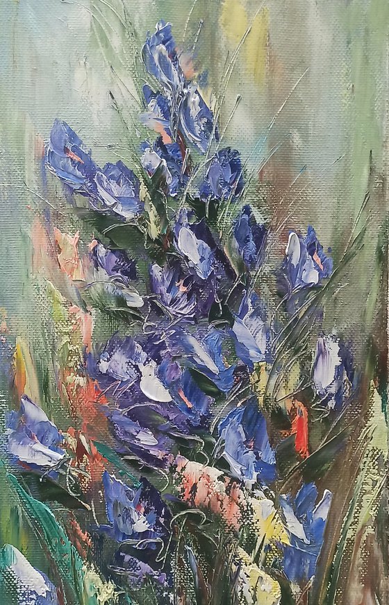 Blue flowers (40x80cm, oil painting, palette knife)