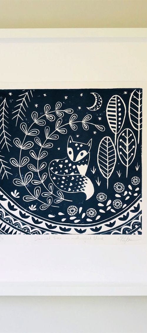 Daniel Fox in midnight blue, scandinavian folk art, limited edition by Katie Farrell