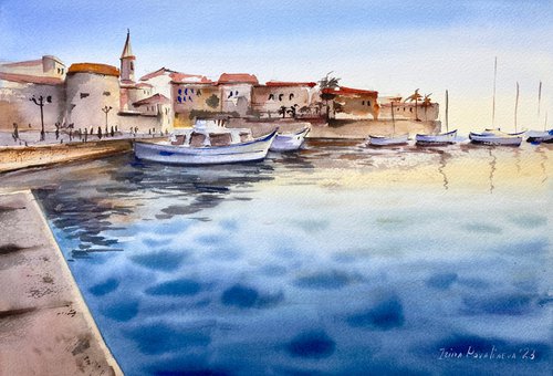 Sardinian Sunset original painting, sea sunset, blue nautical wall decor gift for him by Irina Povaliaeva