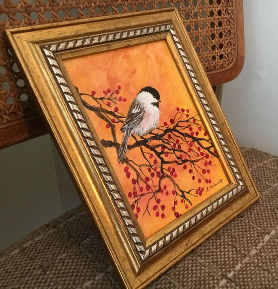 Gold Chickadee - original 5X7 framed acrylic painting on watercolor paper