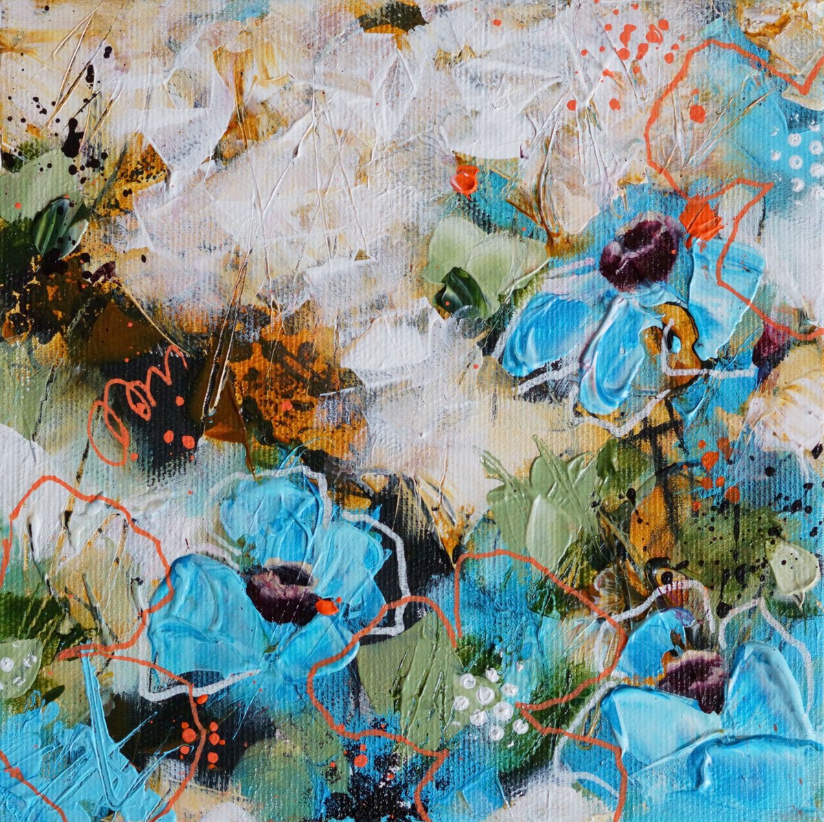 Abstract Botanical Acrylic Painting By Vera Hoi, 8 X 8", "Flowers For A Loved One", Original Artwork