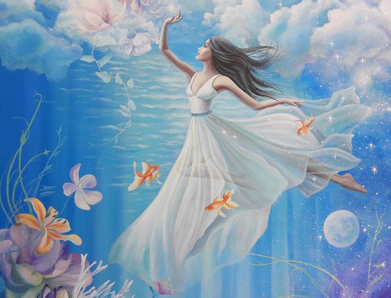 "The cycle of life", woman underwater painting, universe art