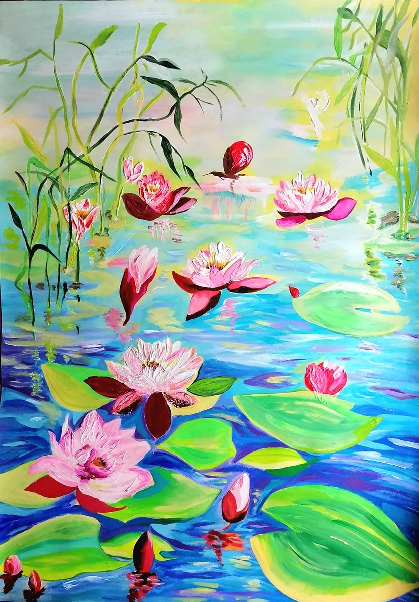 GIFT  PALETTE KNIFE  ORIGINAL PAINTING  FENG SHUI  Artwork: Water lily pond by Sanja Jancic