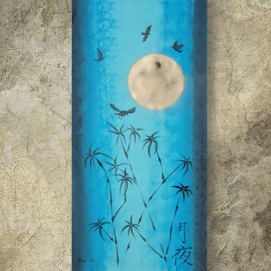 Japan Moon Night Turquoise gold painting 80×160 cm acrylic on unstretched canvas J097 art original artwork in japanese style