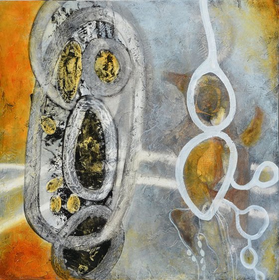 Evolution Series - large abstract painting with grey, yellow and white on wood.