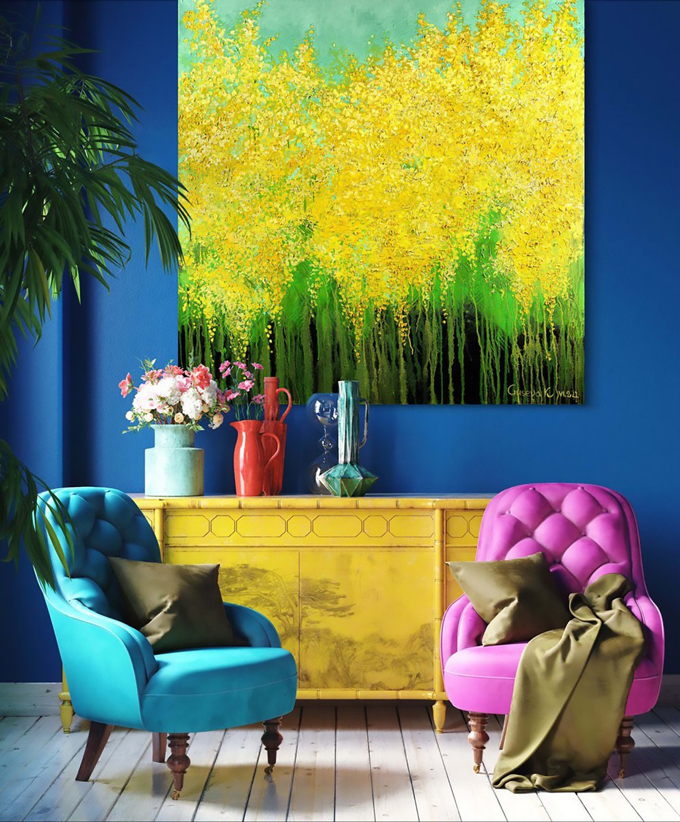 Impressionistic Botanical Oil Painting By Kateryna Guseva, 39 X 39", Ungifted Mimosas, Original Artwork