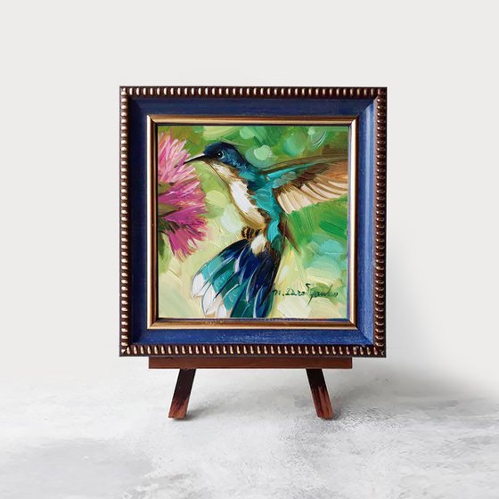 Hummingbird art painting 4x4 in blue frame, Bird original painting framed wall art, Mothers day gift from daughter