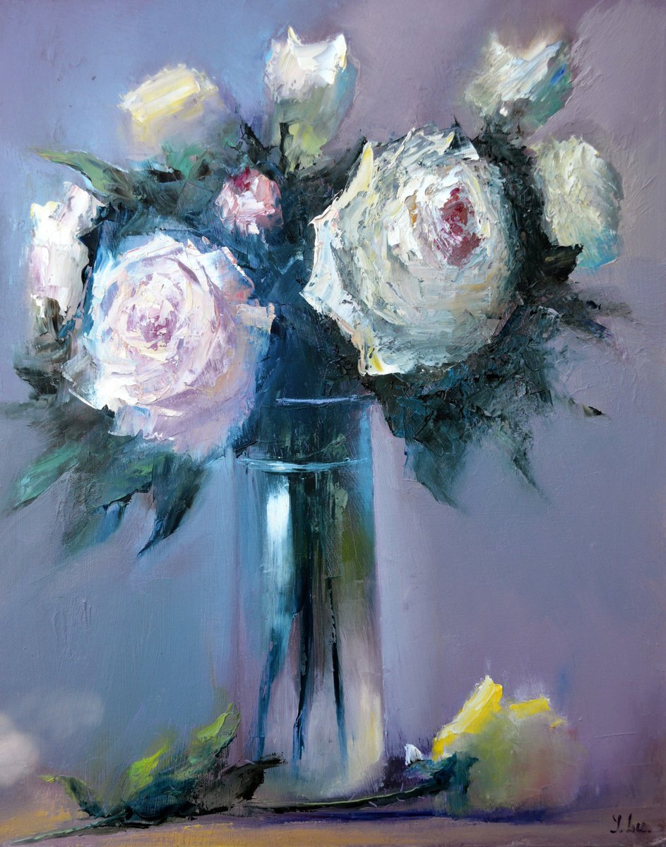 Expressive Still Life Oil Painting By Elena Lukina, 16 X 20, White Roses, Original Artwork