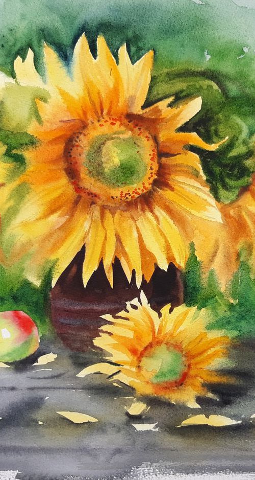 Bright Sunflowers - Bouquet of by Olga Beliaeva Watercolour