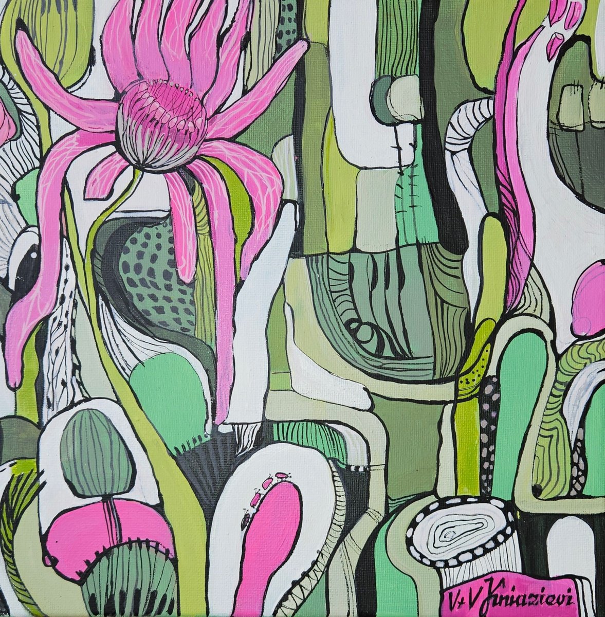 Abstract Acrylic Painting By V+V Kniazievi, 12 X 12", Psychedelic Herbs #10, Original Artwork